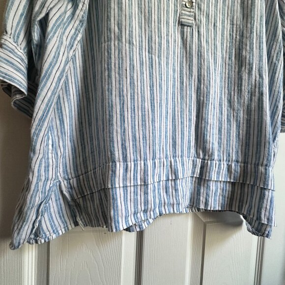 J. Jill Women's XL Blue Vertical Striped Love Linen 3/4 Sleeve Popover Blouse - Picture 6 of 10